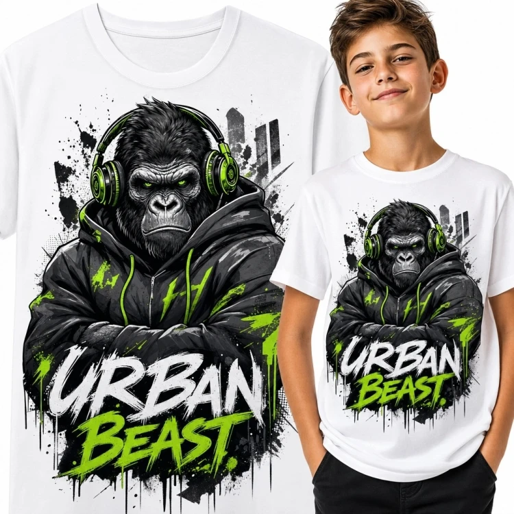 Koszulka chłopięca z gorylicą w słuchawkach „Urban Beast” - miejski streetwear