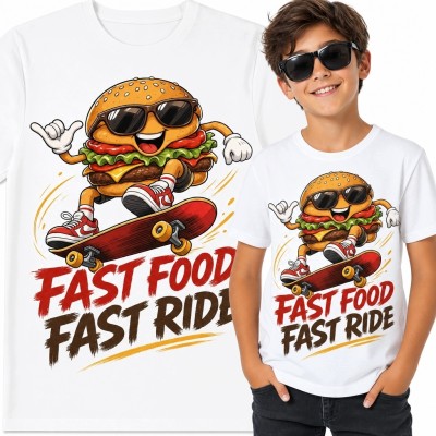 Koszulka chłopięca z burgerem na deskorolce „Fast Food Fast Ride” - zabawny wzór skate