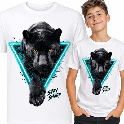 Koszulka chłopięca z czarną panterą „Stay Sharp” - neonowy motyw