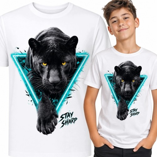 Koszulka chłopięca z czarną panterą „Stay Sharp” - neonowy motyw