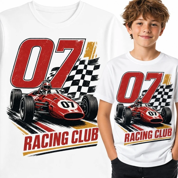 Koszulka chłopięca z bolidem „07” i napisem „Racing Club” - motyw wyścigowy