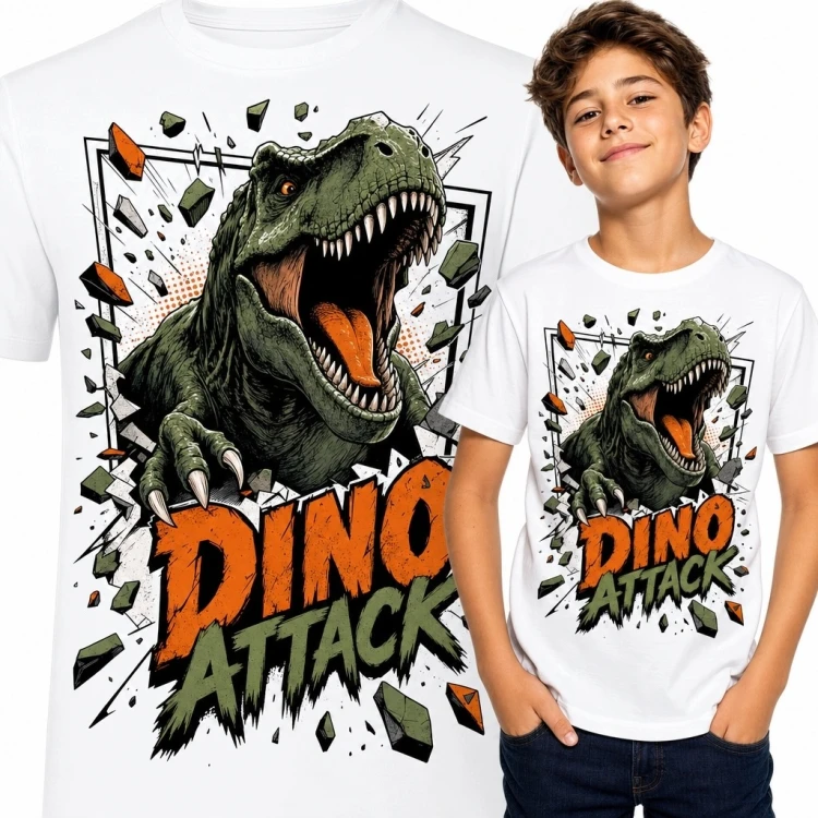 Koszulka chłopięca z tyranozaurem „Dino Attack” - komiksowy atak dinozaura