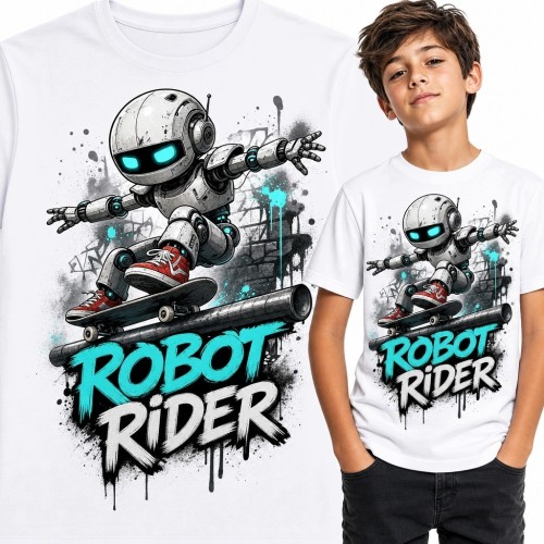 Koszulka chłopięca z robotem na deskorolce „Robot Rider” - styl graffiti