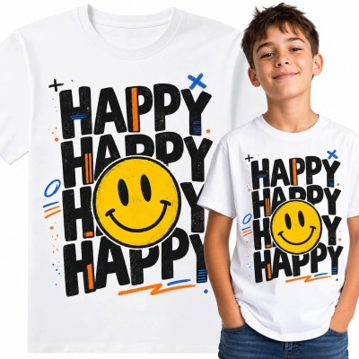 Koszulka chłopięca z buźką i napisem „Happy” - streetwearowy wzór