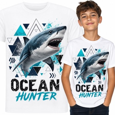 Koszulka chłopięca z rekinem i napisem „Ocean Hunter” - geometryczny motyw oceanu