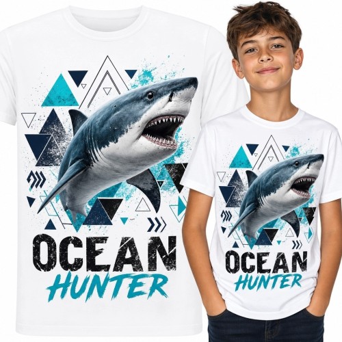 Koszulka chłopięca z rekinem i napisem „Ocean Hunter” - geometryczny motyw oceanu