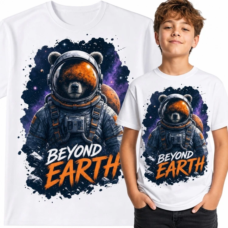 Koszulka chłopięca z niedźwiedziem astronautą „Beyond Earth” - kosmiczny wzór