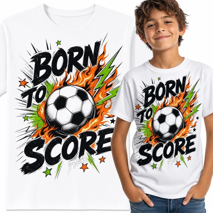 Koszulka chłopięca z płonącą piłką nożną „Born to Score” - dla młodego zawodnika