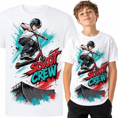 Koszulka chłopięca z hulajnogą freestyle „Scoot Crew” - street art