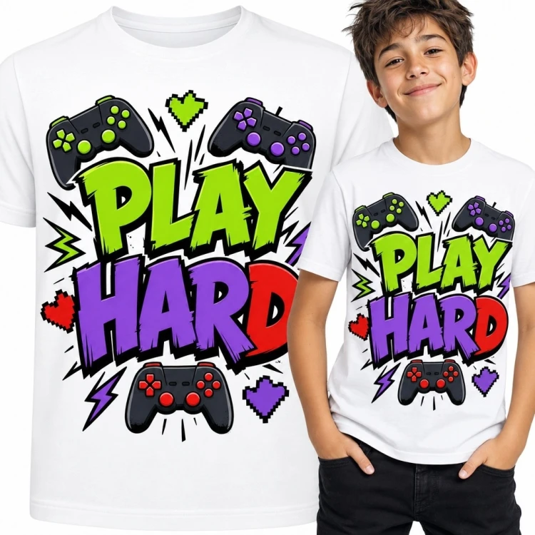 Koszulka chłopięca dla gracza „Play Hard” - kontrolery i pikselowe serca