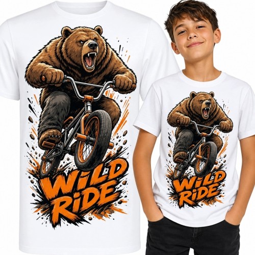 Koszulka chłopięca z niedźwiedziem na BMX-ie „Wild Ride” - dynamiczny wzór rowerowy