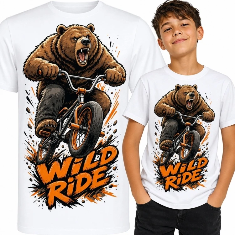 Koszulka chłopięca z niedźwiedziem na BMX-ie „Wild Ride” - dynamiczny wzór rowerowy