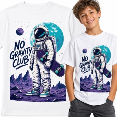Koszulka chłopięca z astronautą i deskorolką „No Gravity Club” - kosmiczny wzór