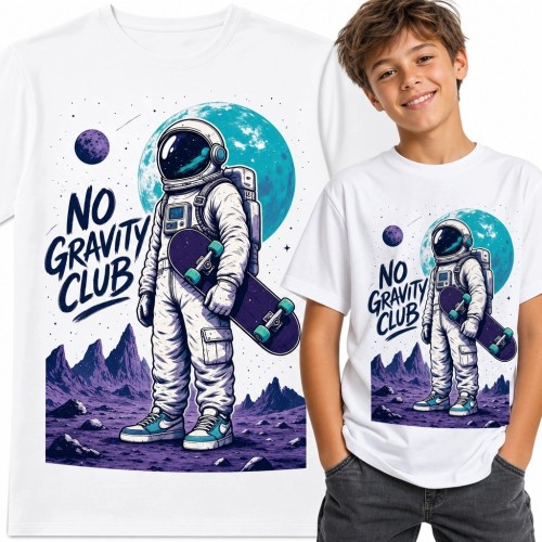 Koszulka chłopięca z astronautą i deskorolką „No Gravity Club” - kosmiczny wzór