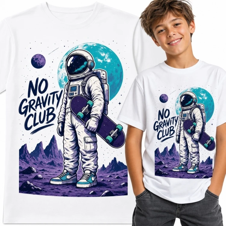 Koszulka chłopięca z astronautą i deskorolką „No Gravity Club” - kosmiczny wzór