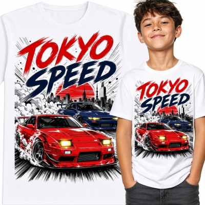 Koszulka chłopięca z samochodami sportowymi „Tokyo Speed” - japoński motyw wyścigowy