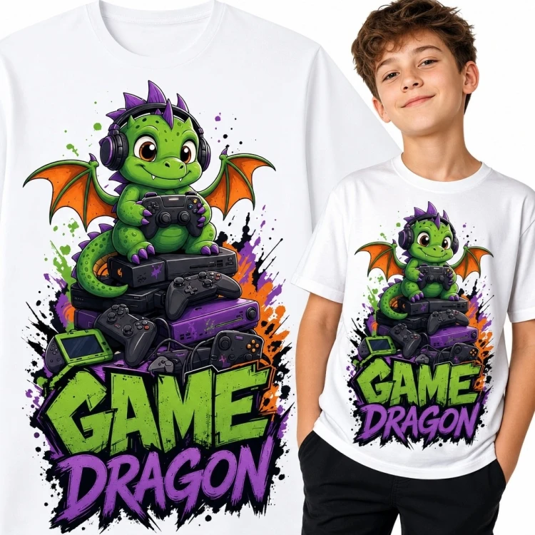 Koszulka chłopięca ze smokiem graczem i napisem „Game Dragon” - gamingowy nadruk