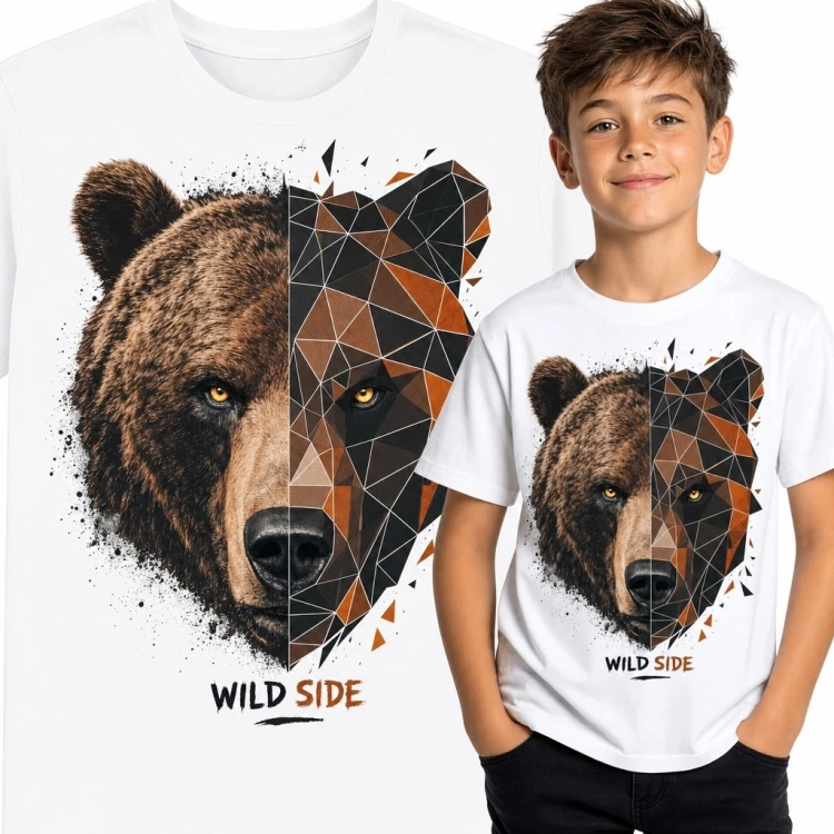 Koszulka chłopięca z niedźwiedziem „Wild Side” - geometryczny nadruk low poly