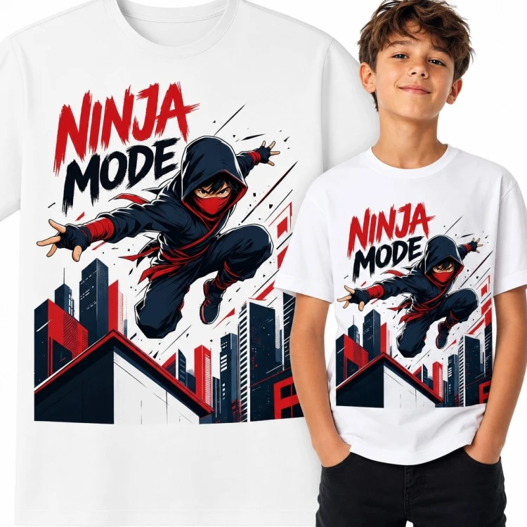 Koszulka chłopięca z ninja „Ninja Mode” - komiksowy motyw miejski