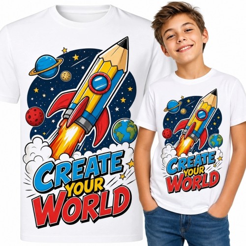 Koszulka chłopięca z kosmiczną rakietą-ołówkiem „Create Your World”