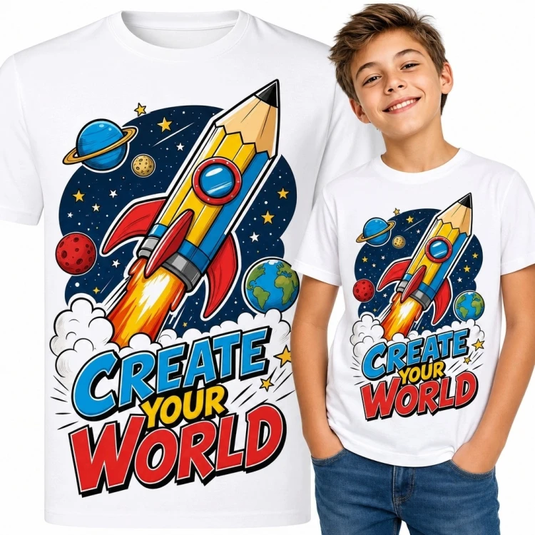 Koszulka chłopięca z kosmiczną rakietą-ołówkiem „Create Your World”