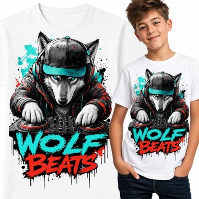 Koszulka chłopięca z wilkiem DJ-em i napisem „Wolf Beats” - muzyczne graffiti