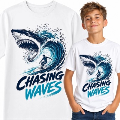 Koszulka chłopięca z rekinem i surferem „Chasing Waves” - oceaniczny wzór
