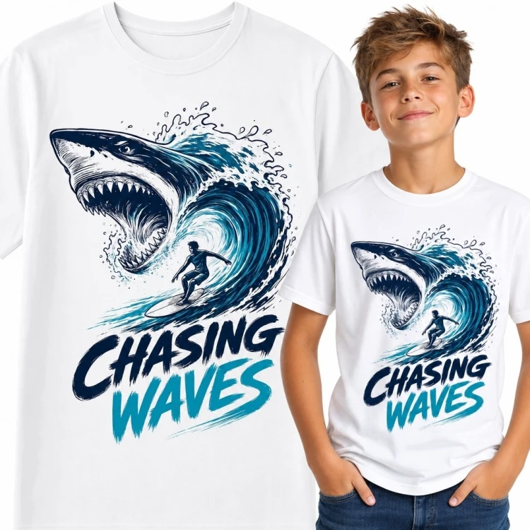 Koszulka chłopięca z rekinem i surferem „Chasing Waves” - oceaniczny wzór