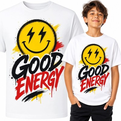 Koszulka chłopięca z buźką i graffiti „Good Energy” - pozytywny nadruk
