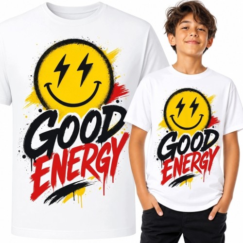 Koszulka chłopięca z buźką i graffiti „Good Energy” - pozytywny nadruk