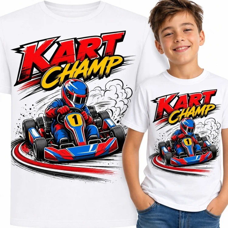 Koszulka chłopięca z gokartem „Kart Champ” - motyw wyścigowy