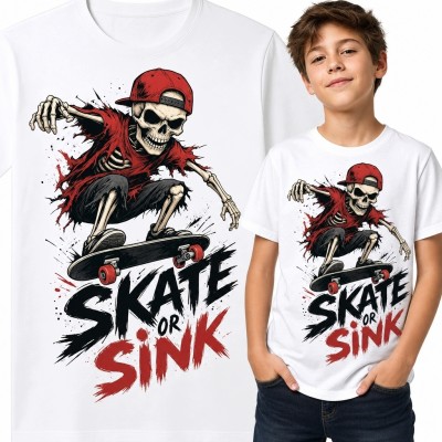 Koszulka chłopięca ze szkieletem na deskorolce „Skate or Sink” - streetwearowy nadruk