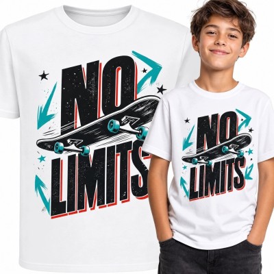 Koszulka chłopięca z deskorolką i napisem „No Limits” - streetwearowy wzór