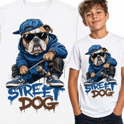 Koszulka chłopięca z buldogiem na deskorolce „Street Dog” - miejski wzór