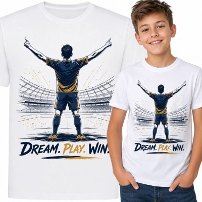Koszulka chłopięca z piłkarzem i napisem „Dream. Play. Win.” - piłka nożna