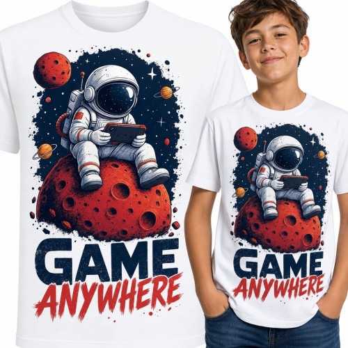 Koszulka chłopięca z astronautą i konsolą „Game Anywhere” - gaming w kosmosie