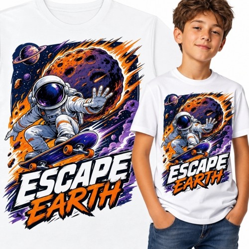 Koszulka chłopięca z astronautą na deskorolce „Escape Earth” - kosmiczny nadruk