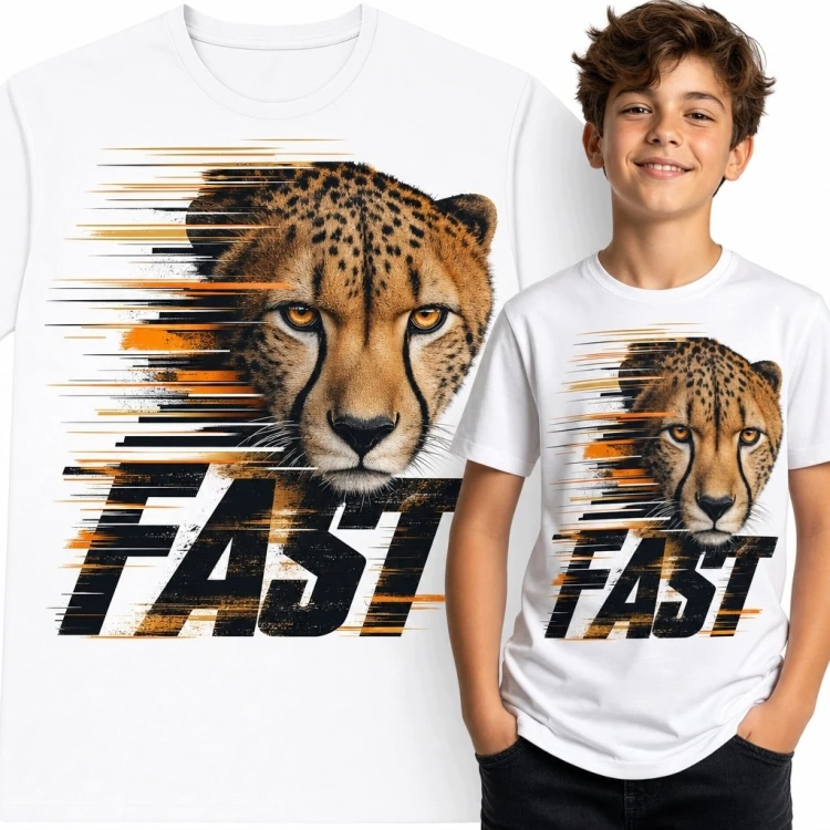 Koszulka chłopięca z gepardem i napisem „Fast” - motyw prędkości