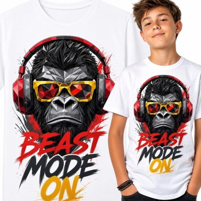 Koszulka chłopięca z gorylem w słuchawkach „Beast Mode On” - miejski wzór