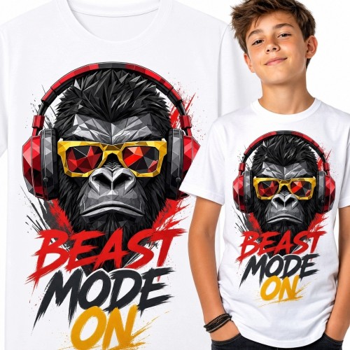 Koszulka chłopięca z gorylem w słuchawkach „Beast Mode On” - miejski wzór