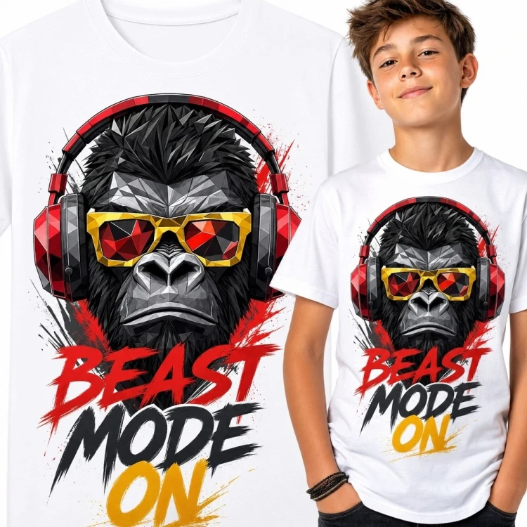 Koszulka chłopięca z gorylem w słuchawkach „Beast Mode On” - miejski wzór