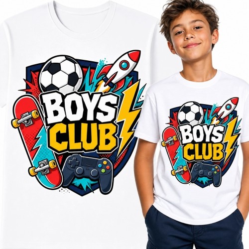Koszulka chłopięca „Boys Club” z padem, piłką, deskorolką i rakietą