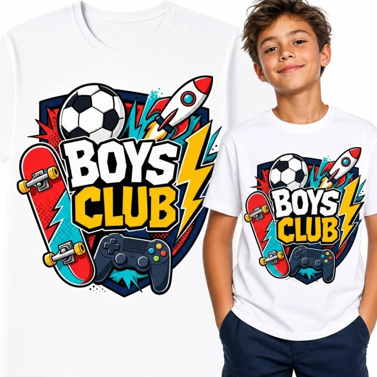 Koszulka chłopięca „Boys Club” z padem, piłką, deskorolką i rakietą