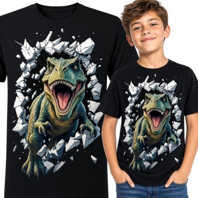 Koszulka chłopięca z T-rexem przebijającym ścianę - efekt 3D