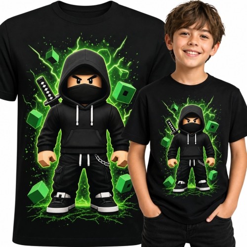 Koszulka chłopięca z klockowym ninja - neonowy motyw gamingowy