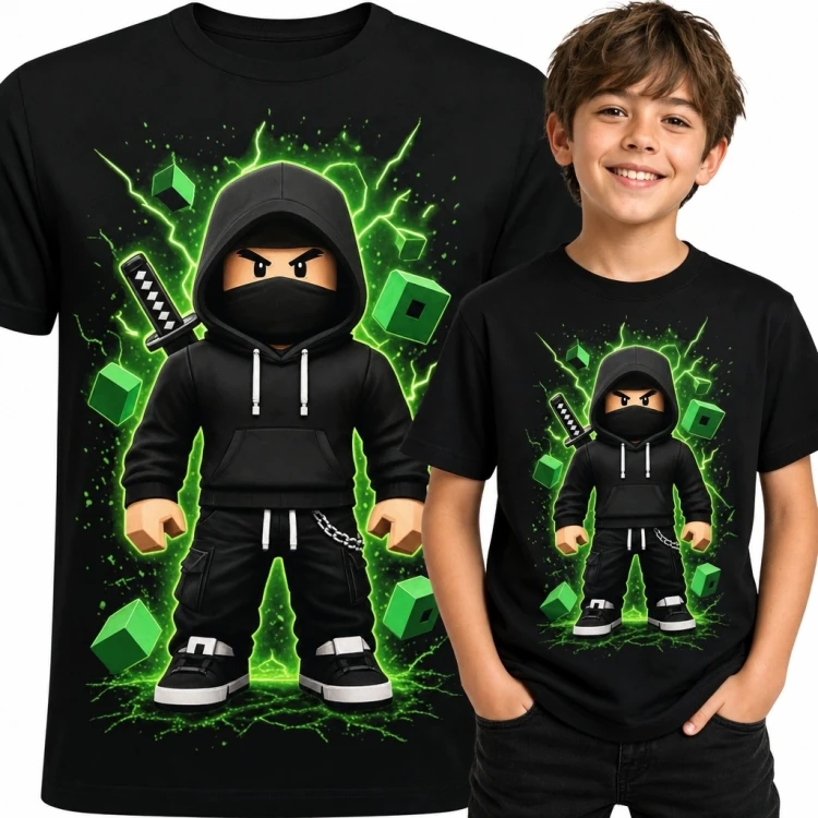 Koszulka chłopięca z klockowym ninja - neonowy motyw gamingowy