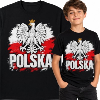 Koszulka chłopięca patriotyczna z Orłem Białym, flagą i napisem „Polska”