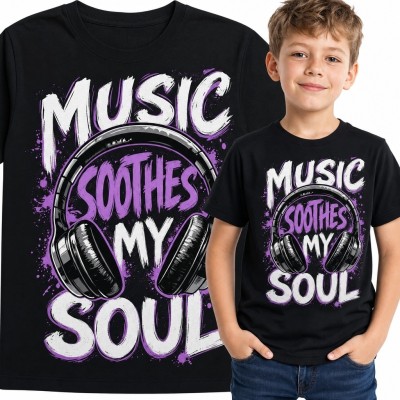 Koszulka chłopięca ze słuchawkami „Music Soothes My Soul” - muzyczny wzór grunge
