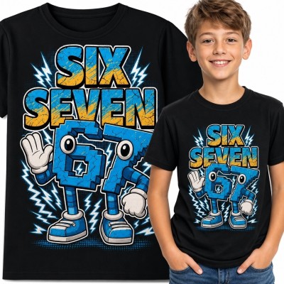 Koszulka chłopięca z komiksowym nadrukiem „Six Seven” i numerem 67