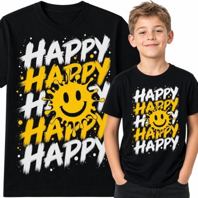 Koszulka chłopięca z napisem „Happy” i żółtą uśmiechniętą buźką - streetwear